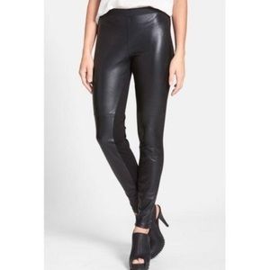 Eileen Fisher Black Leggings, Leather Front Panel